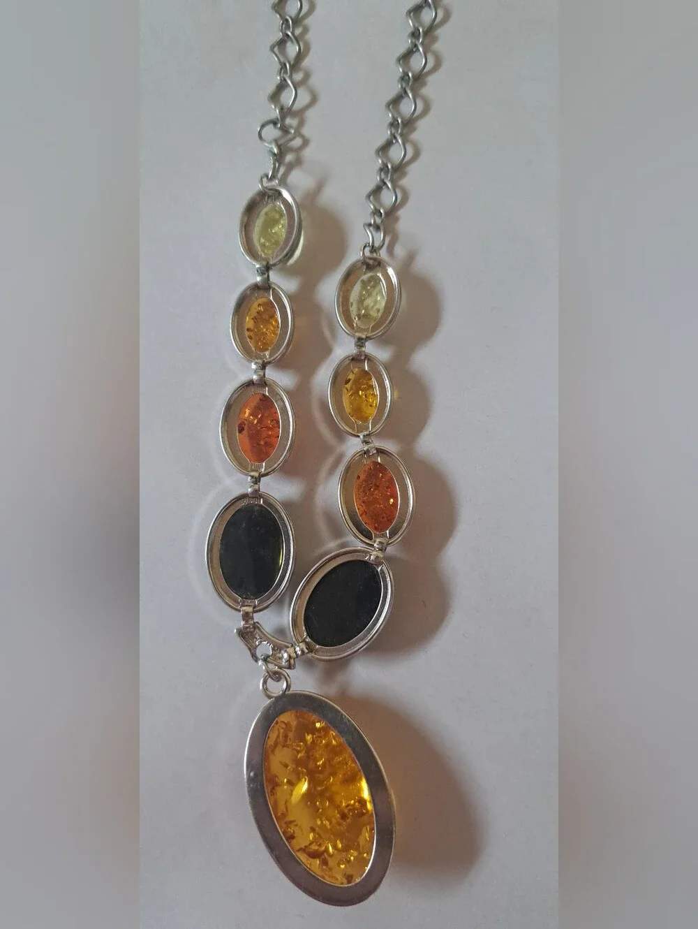 Gorgeous Chunky Golden Honey Amber Dangle Silver Necklace Statement